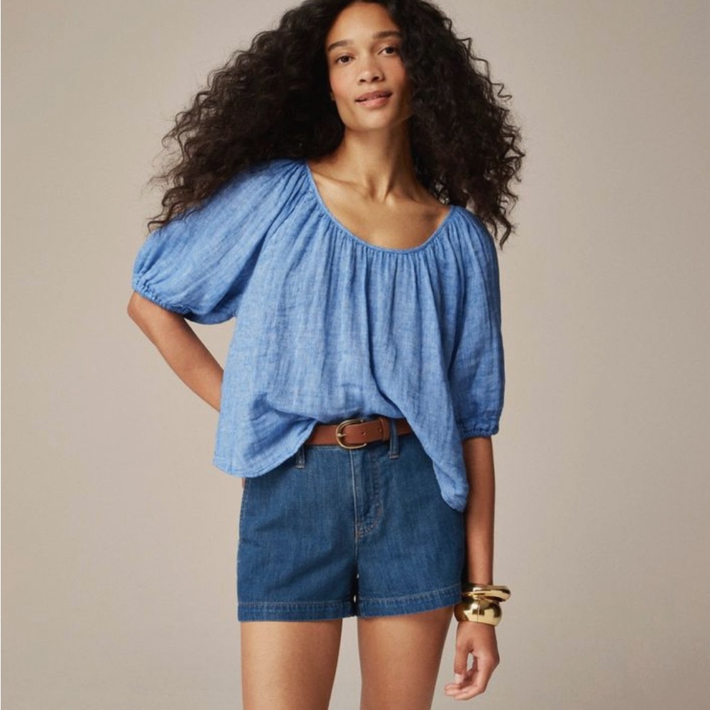 J. Crew Swingy puff-sleeve top in cotton-linen blend gauze